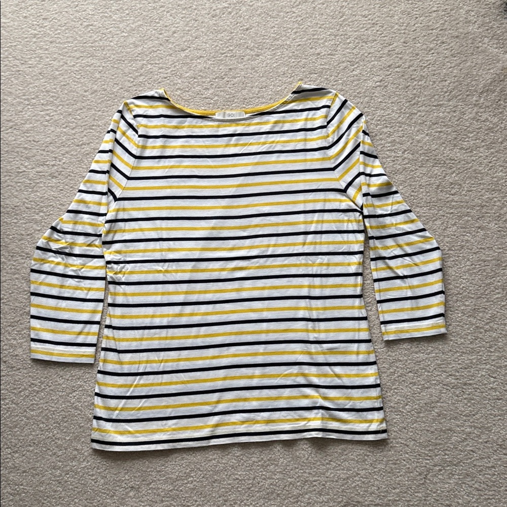 1901 Yellow and Dark Blue Striped CottonT-Shirt 3/4 Sleeve Size L